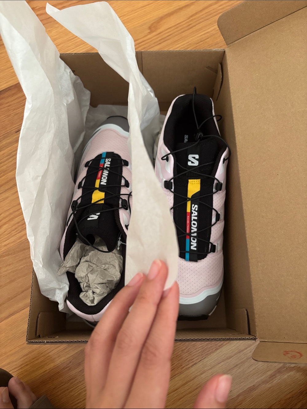 Salomon Women's Light Pink and Gray Trail Runners - Picture 2 of 5